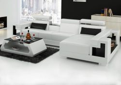 Fancy Homes Aliant-C chaise leather sofa in white and black leather white storage armrests, adjustable headrests, built-in middle table and matching design coffee table