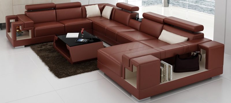 Fancy Homes Aliant modular leather sofa in dark red and cream leather