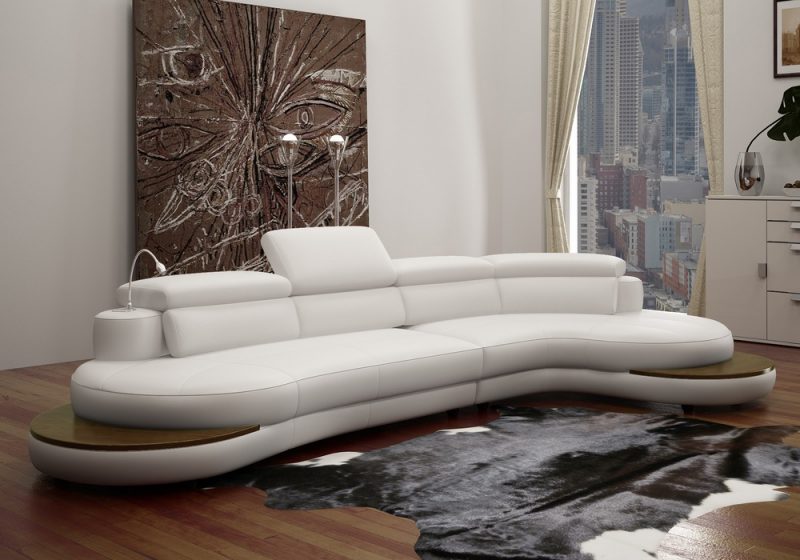 Fancy Homes Kara chaise leather sofa in white leather featuring touch-to-switch LED lighting, in-built side tables and adjustable headrests