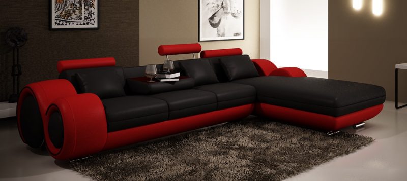 Fancy Homes Ruota-B chaise leather sofa in black and red