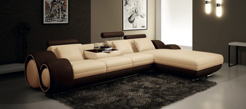 Fancy Homes Ruota-B chaise leather sofa in beige and brown leather