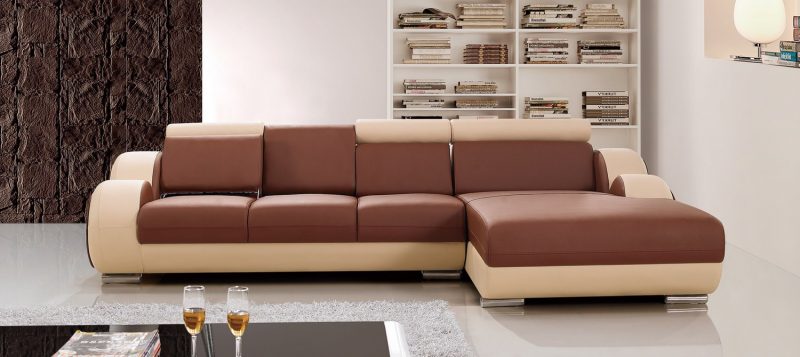 Fancy Homes Ruota-B chaise leather sofa in brown and beige leather