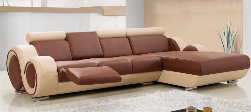 Fancy Homes Ruota-B chaise leather sofa in brown and beige leather with adjustable headrests, folding footrests and middle table