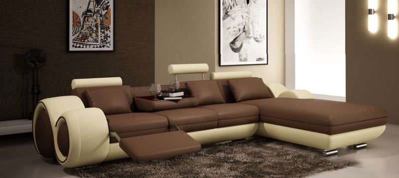 Fancy Homes Ruota-B chaise leather sofa in brown and beige leather with adjustable headrests, folding footrests and middle table with two cupholders