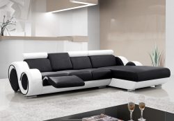 Fancy Homes Ruota-B chaise leather sofa in black and white leather with folding middle table and footrest