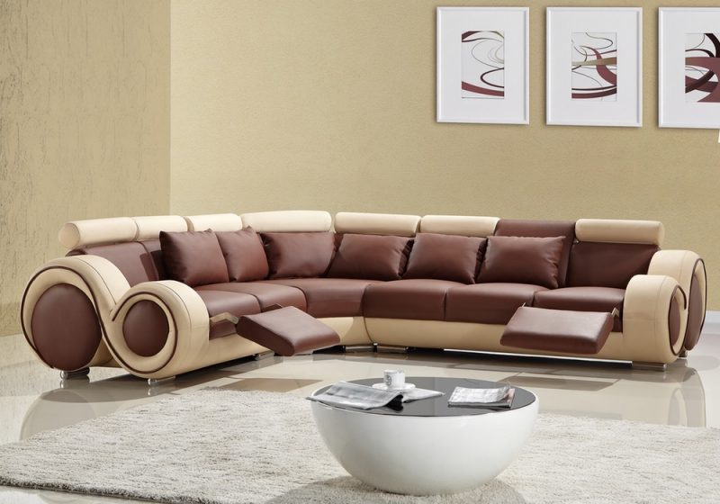 Fancy Homes Ruota-C corner leather sofa in brown and beige leather featuring folding footrests and coffee table