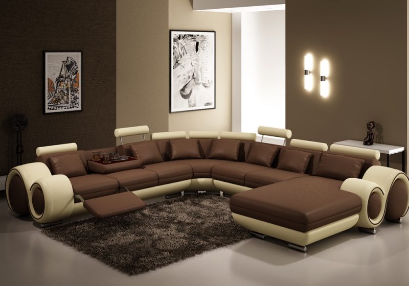 Fancy Homes Ruota-D modular leather sofa in brown and beige leather featuring folding coffee table and footrest