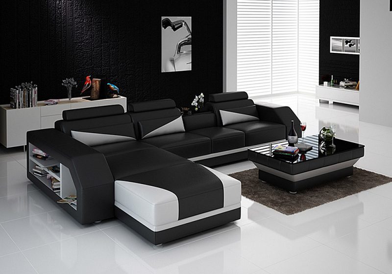 Fancy Homes Savino-B chaise leather sofa in black and white leather