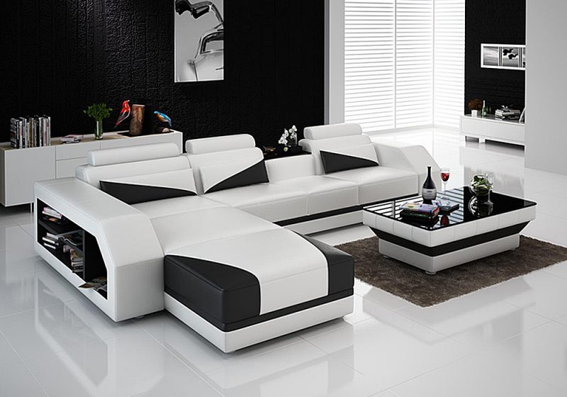 Fancy Homes Savino-B chaise leather sofa in white and black leather