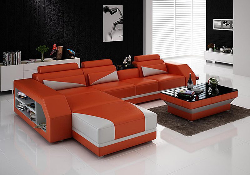 Fancy Homes Savino-B chaise leather sofa in orange and white leather