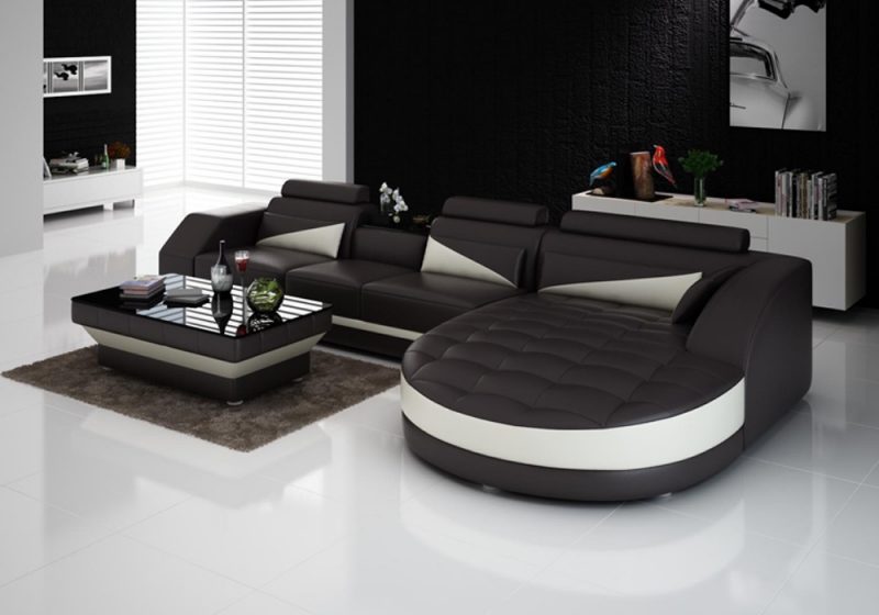 Fancy Homes Savino-C chaise leather sofa in black and white leather