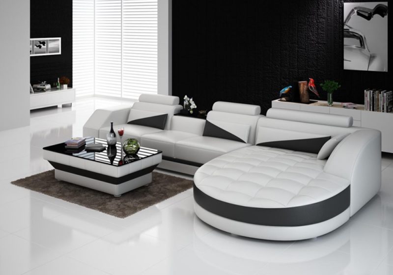 Fancy Homes Savino-C chaise leather sofa in white and black leather