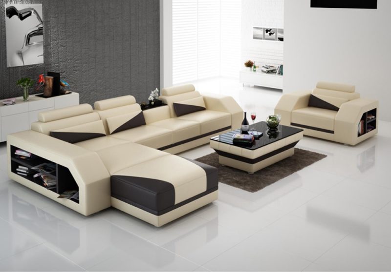 Fancy Homes Savino-F chaise leather sofa in beige and black leather