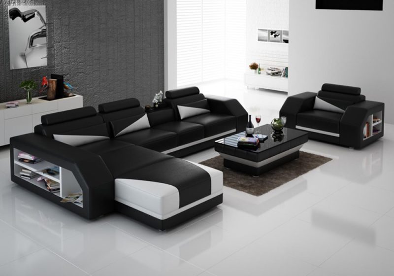 Fancy Homes Savino-F chaise leather sofa in black and white leather