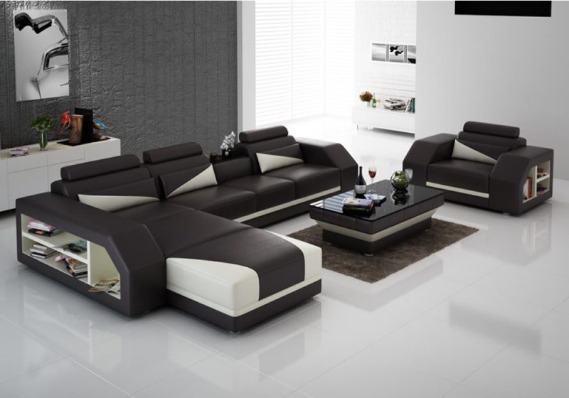 Fancy Homes Savino-F chaise leather sofa in brown and creamy white leather