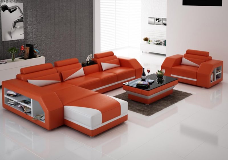 Fancy Homes Savino-F chaise leather sofa in orange and white leather