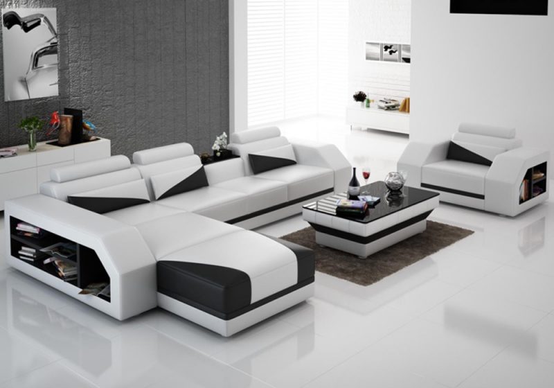 Fancy Homes Savino-F chaise leather sofa in white and black leather