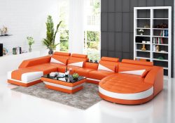 Fancy Homes Savino modular leather sofa in orange and white leather features round and square chaises, in-built middle table and adjustable headrests