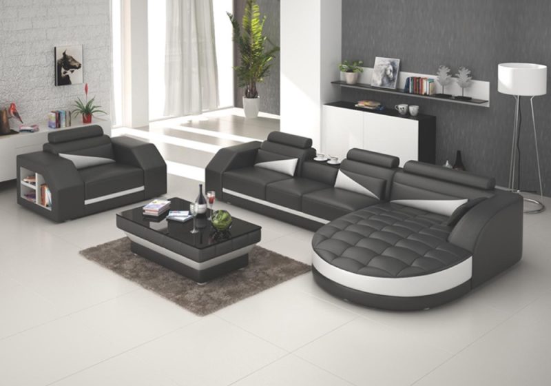 Fancy Homes Savino-E chaise leather sofa in black and white leather