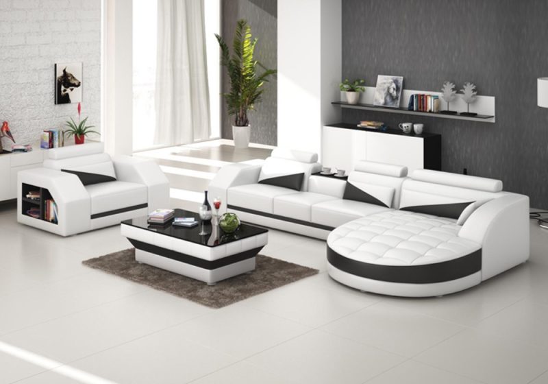 Fancy Homes Savino-E chaise leather sofa in white and black leather