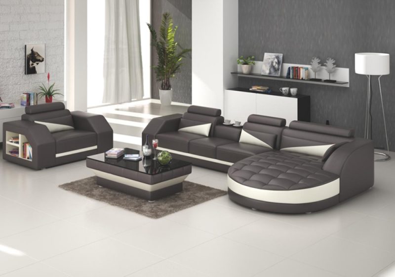 Fancy Homes Savino-E chaise leather sofa in brown and creamy white leather