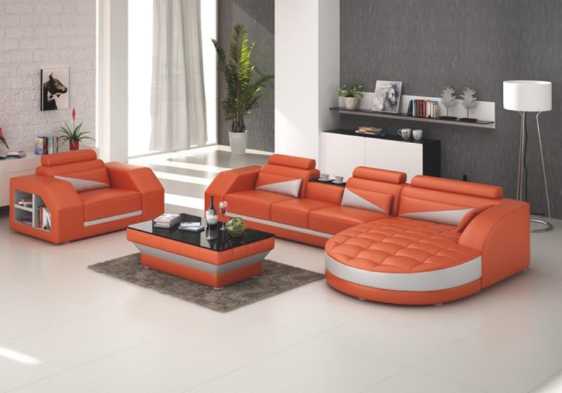 Fancy Homes Savino-E chaise leather sofa in orange and white leather
