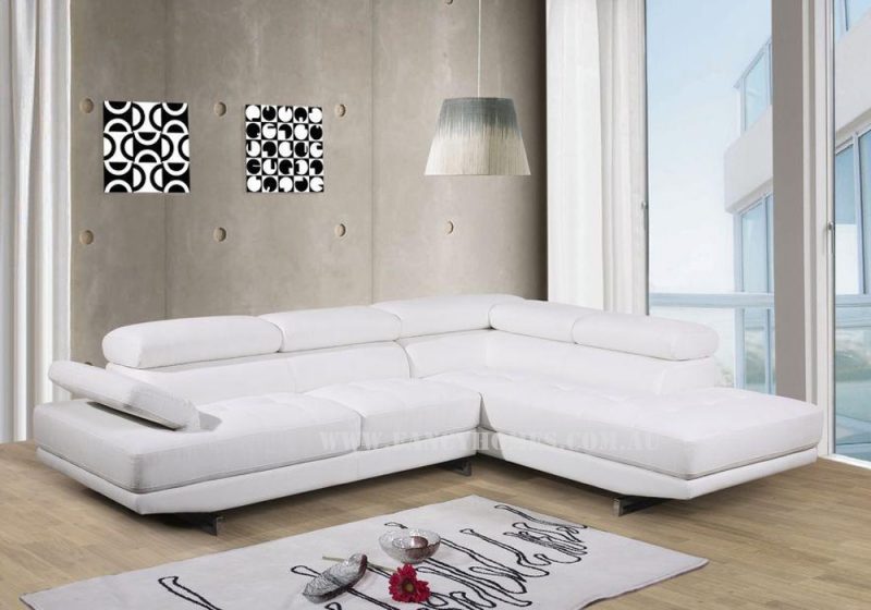 Fancy Homes Anta chaise leather sofa in white features adjustable headrests and armrests