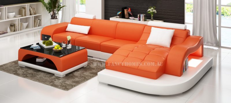 Fancy Homes Aura-D chaise leather sofa in orange and white leather