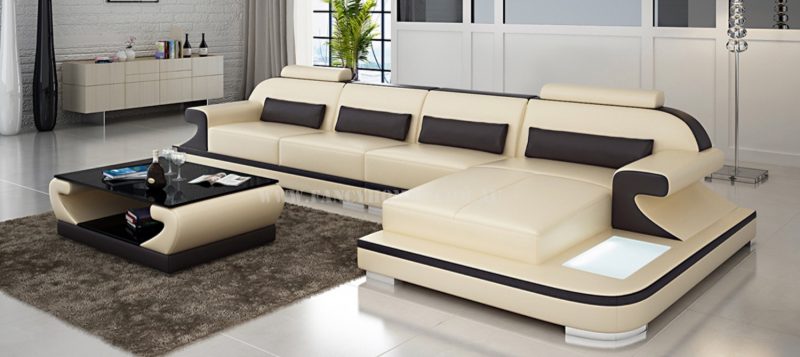 Fancy Homes Bruno-C chaise leather sofa in beige and brown leather