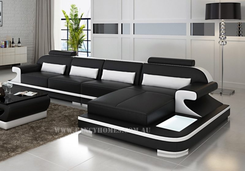 Fancy Homes Bruno-C chaise leather sofa in black and white leather featuring LED lighting system, curved armrests and adjustable headrests