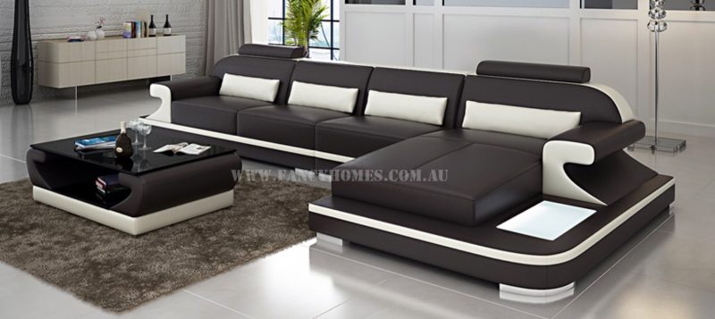 Fancy Homes Bruno-C chaise leather sofa in brown and white leather