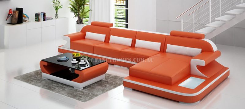 Fancy Homes Bruno-C chaise leather sofa in orange and white leather