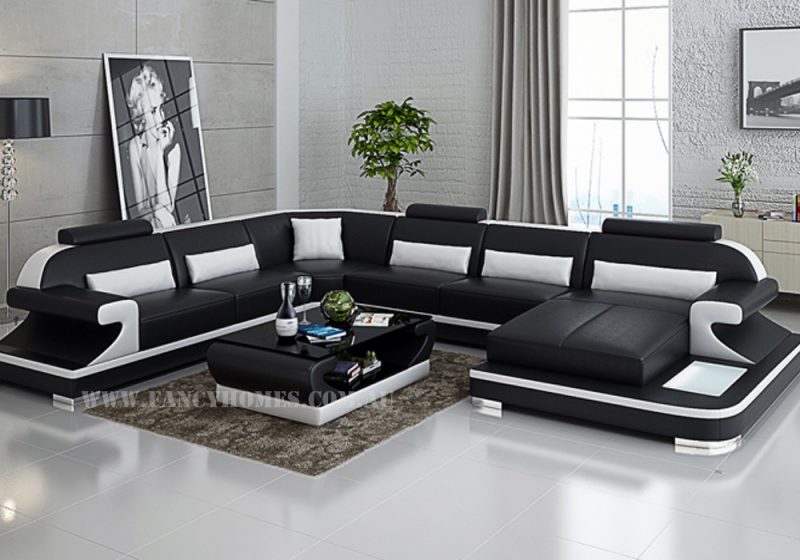 Fancy Homes Bruno modular leather sofa in black and white leather featuring LED lighting system, curved armrests and adjustable headrests