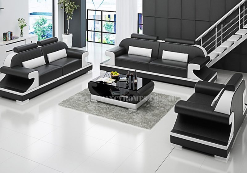 Fancy Homes Bruno-D lounges suites leather sofa in black and white leather featuring curved armrests and adjustable headrests