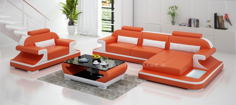 Fancy Homes Bruno-E chaise leather sofa in orange and white leather