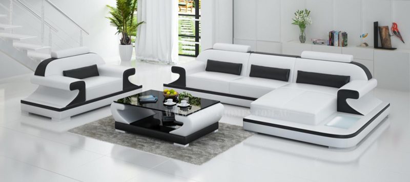 Fancy Homes Bruno-E chaise leather sofa in white and black leather