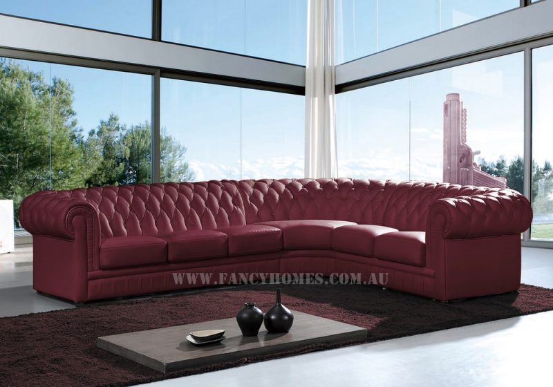 Fancy Homes Carmen-B corner leather sofa in maroon leather featuring chesterfield style is a truly timeless design