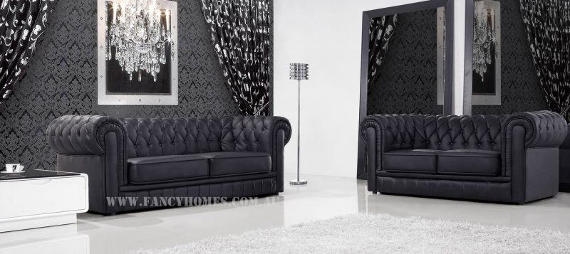 The three seater and two seater of Fancy Homes Carmen chesterfield lounges suites leather sofa in black leather