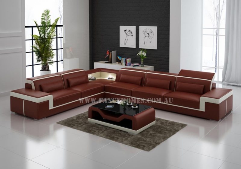 Fancy Homes Carrie-B corner leather sofa in maroon and white leather featured with stylish armrests, LED lighting systems and adjustable headrests