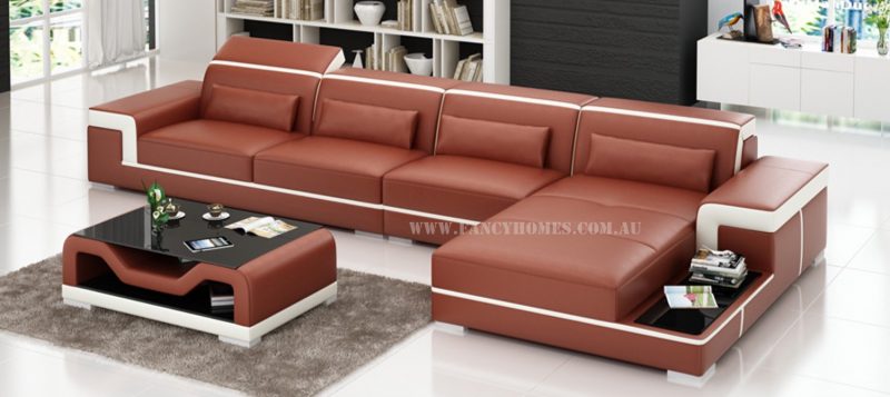 Fancy Homes Carrie-C chaise leather sofa in maroon and white leather