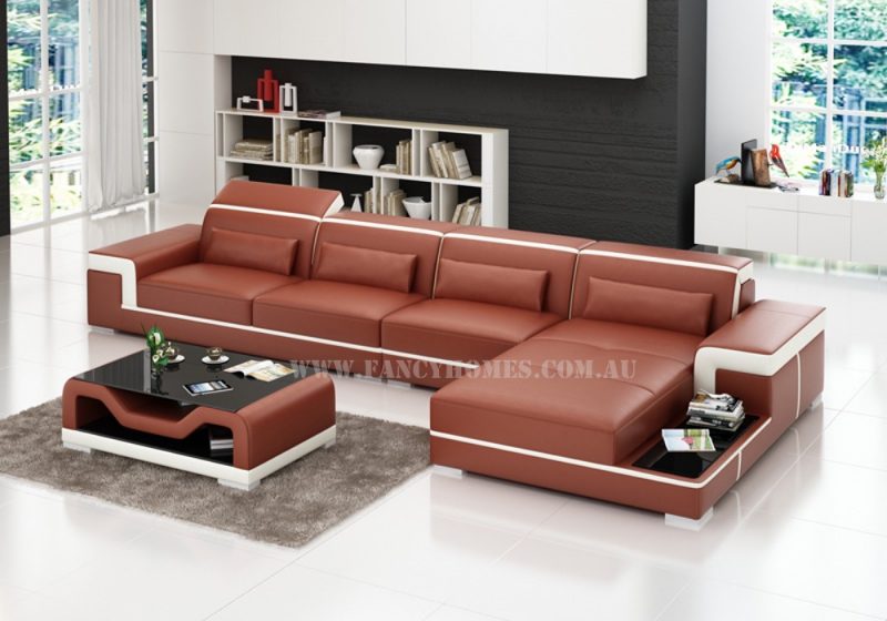 Fancy Homes Carrie-C chaise leather sofa in maroon and white leather featured with stylish armrests, adjustable headrests and built-in side table