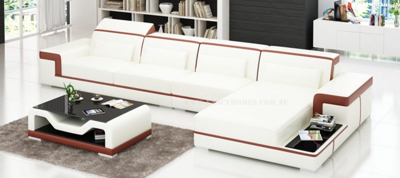 Fancy Homes Carrie-D chaise leather sofa in white and maroon leather