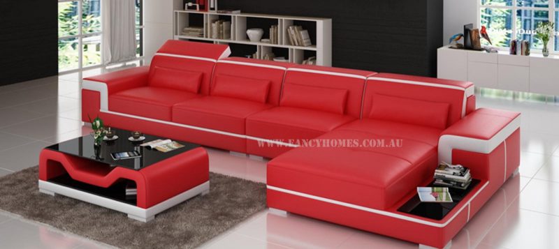 Fancy Homes Carrie-D chaise leather sofa in red and white leather