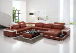 Fancy Homes Carrie modular leather sofa in maroon and white leather featured with built-in side table, adjustable headrests, LED lighting systems and stylish armrests