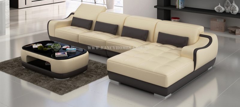 Fancy Homes Doreen-C chaise leather sofa in beige and brown leather