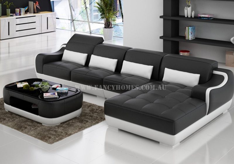 Fancy Homes Doreen-C chaise leather sofa in black and white leather with adjustable headrests and uniquely-designed armrests