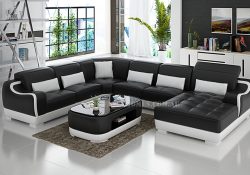 Fancy Homes Doreen modular leather sofa in black and white leather featured with adjustable headrests and uniquely designed armrests