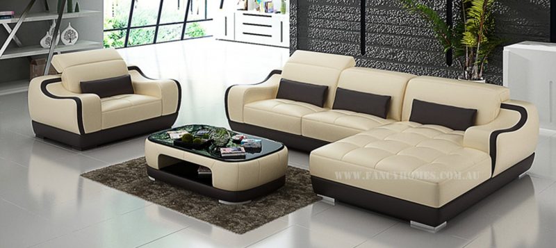 Fancy Homes Doreen-E chaise leather sofa with a single seater in beige and brown leather