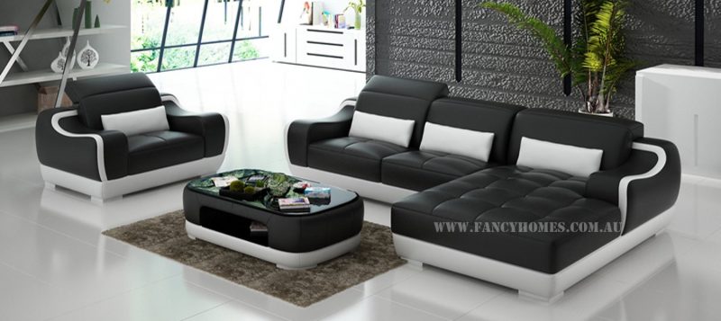 Fancy Homes Doreen-E chaise leather sofa with a single seater in black and white leather