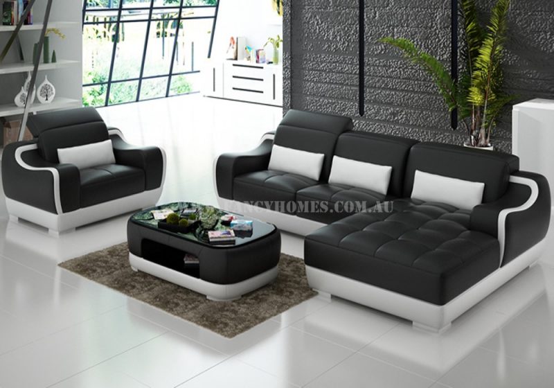 Fancy Homes Doreen-E chaise leather sofa with a single seater in black and white leather featuring easy-adjust headrests and unique design armrests